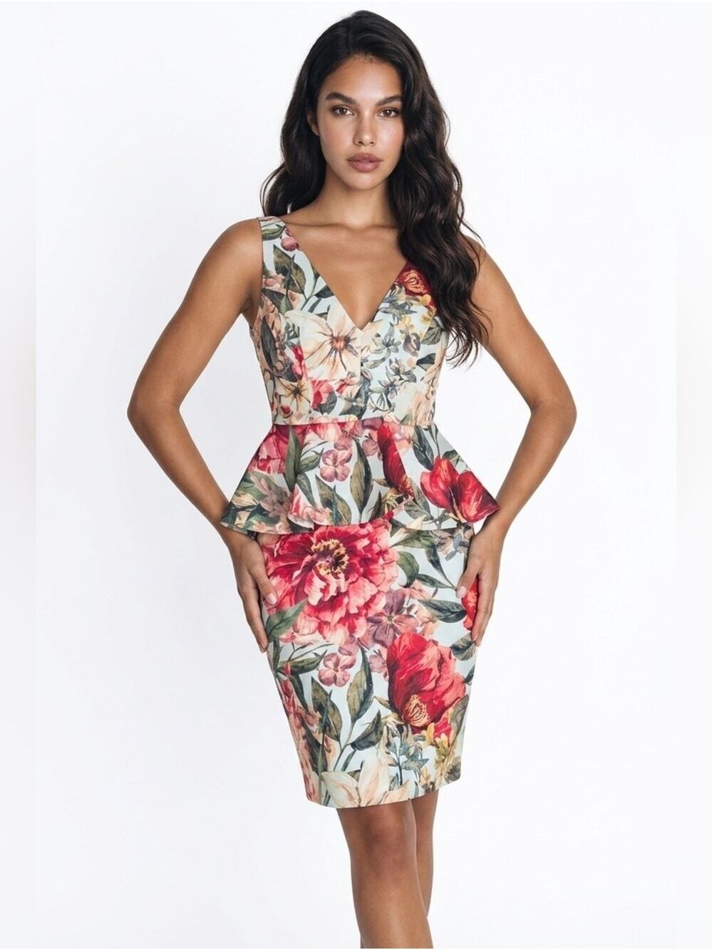 LUCIAN MATIS 3D Floral Print Embossed Peplum Midi Dress